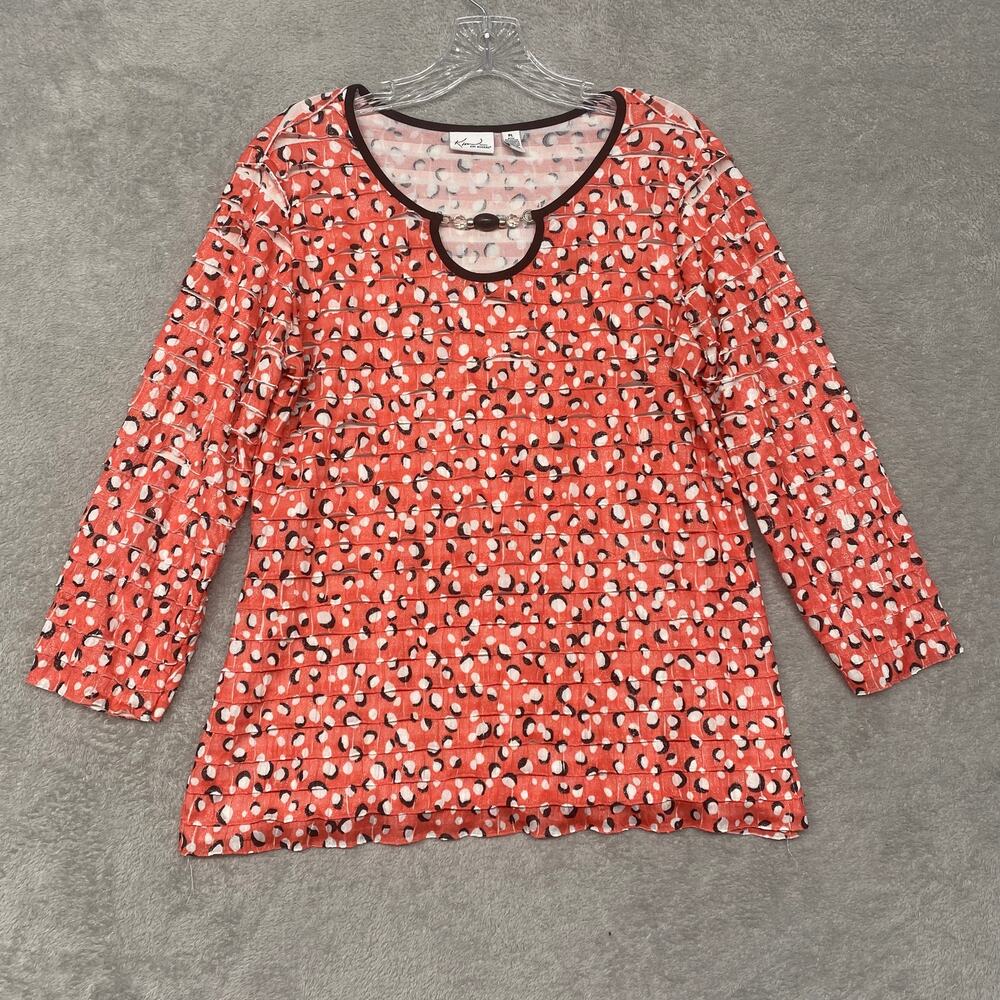 2/$10 Kim Rogers Top Womens Large Petite Orange Ruffle Bead Round Neck Shirt